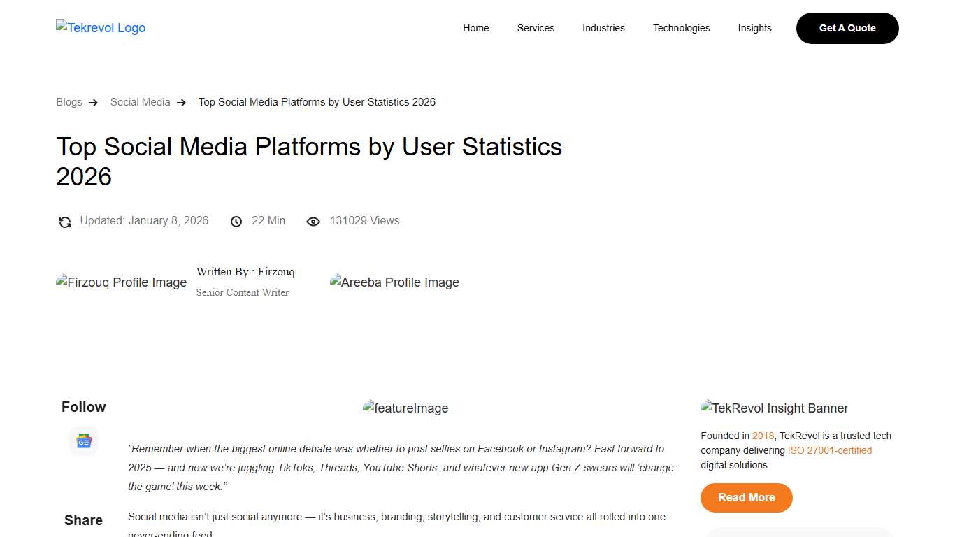 Top Social Media Platforms by User Statistics 2026 - TekRevol